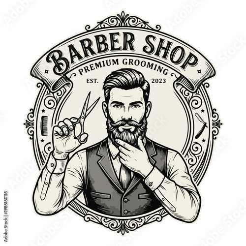 Premium Barber Logo – Luxury Engraved Serif with Stylish Beard Pose