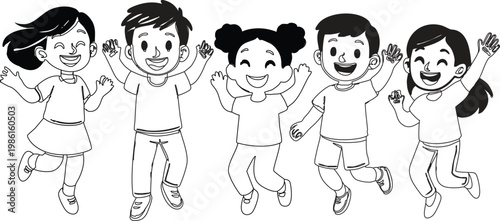 happy children jumping in line, cartoon illustration A group of joyful kids jumping in a line, perfect for educational or marketing materials focused on childhood, happiness, and friendship.
