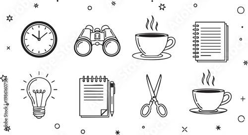 black and white icons of office and productivity toolsa collection of line icons featuring office and productivity tools on a white background, including clock, binoculars, coffee cups, notebooks, li 
