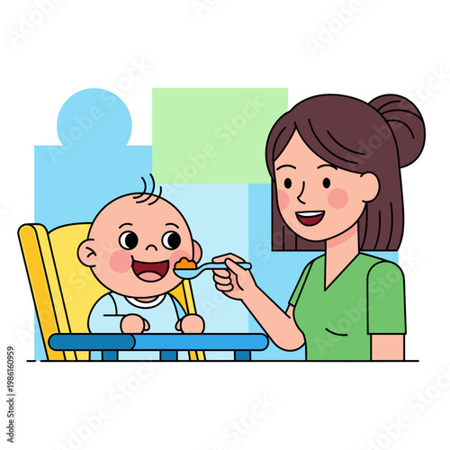 Cheerful mother feeding hungry baby in yellow high chair