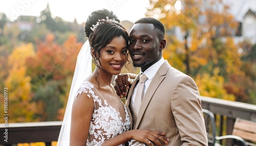 Smiling couple in wedding attire stands outdoors with vibrant foliage backdrop, sharing a loving glance at the camera