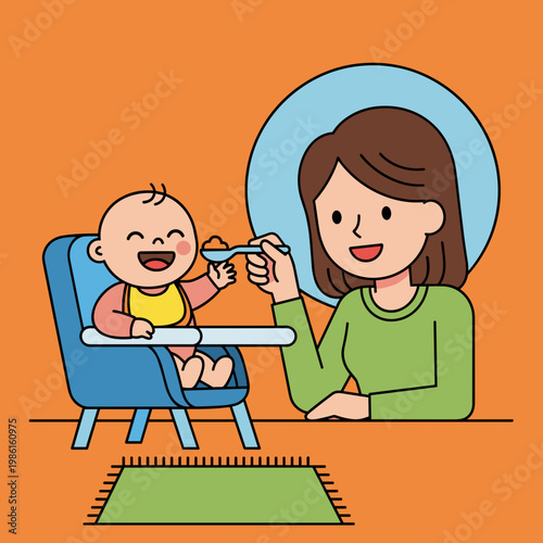 Happy mother spoon-feeding smiling baby in high chair