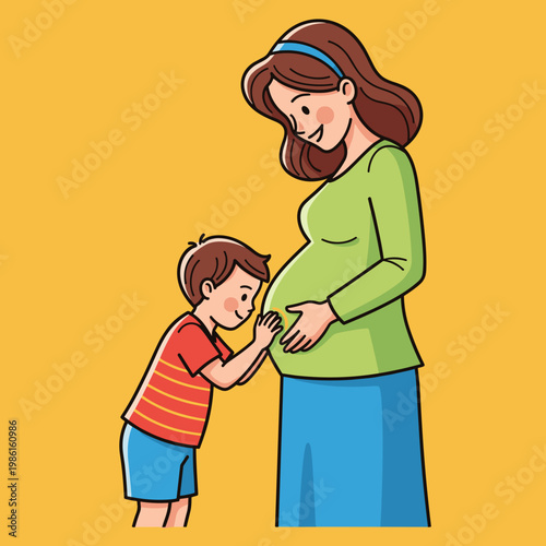 Cartoon son touching standing pregnant mother's belly