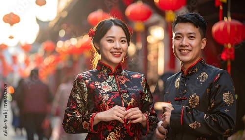 Smiling couple in traditional attire stand amidst red lanterns, celebrating in a warmly lit, bustling outdoor setting