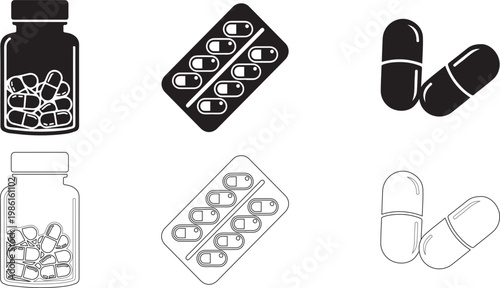 black-and-white capsule icons illustration, professional art style