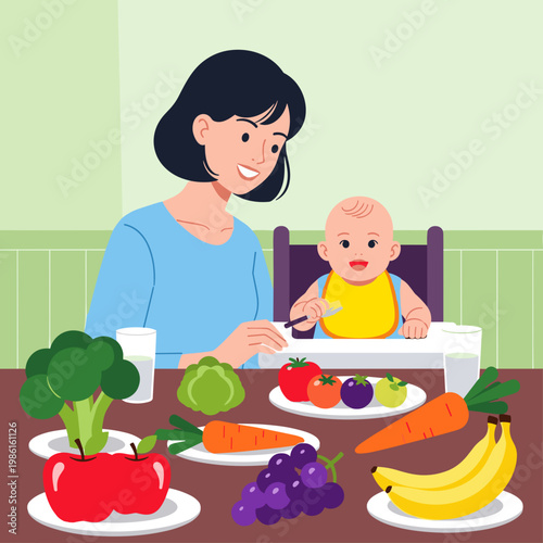 Happy Mother and Baby at Table with Healthy Fresh Food Vector