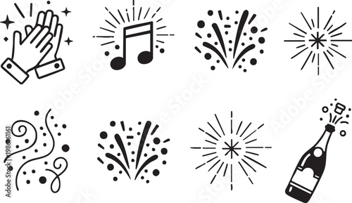 black and white celebration icons set, party symbols a collection of black and white icons representing celebration and party elements, including applause, music notes, fireworks, and champagne, suit
