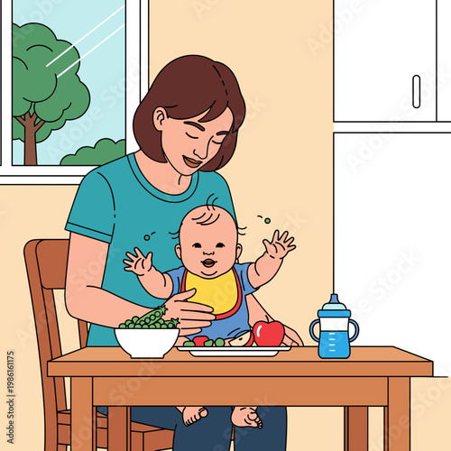 Mother Helping Baby Eat Healthy Food at the Table Vector