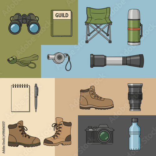 Outdoor Adventure and Photography Gear Vector Icon Set