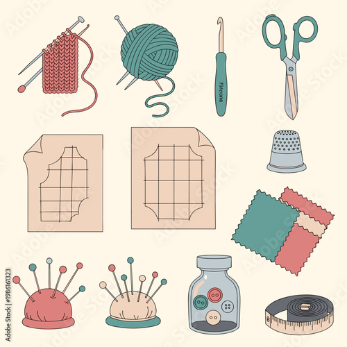 Hand Drawn Sewing and Knitting Supplies Vector Collection