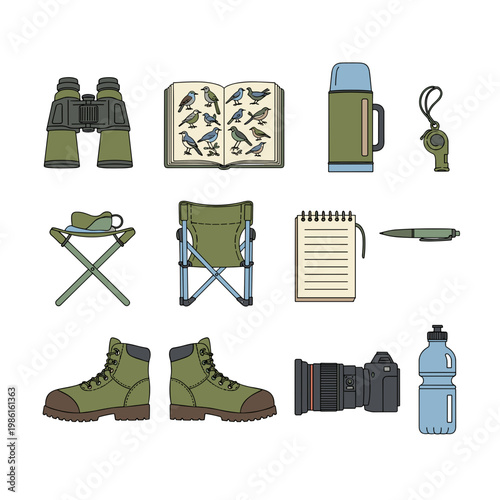 Birdwatching and outdoor exploration gear vector set