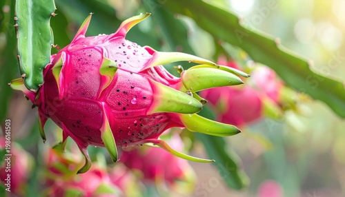 Vibrant Pink Dragon Fruit on Plant.