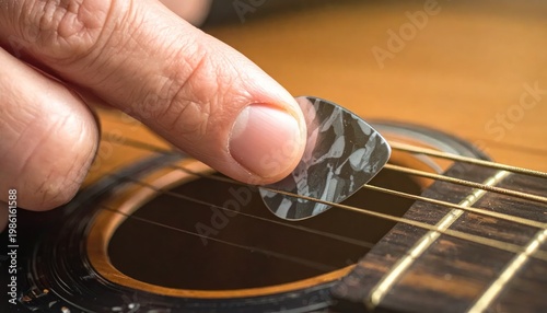 Hand Holding Guitar Pick on Strings.