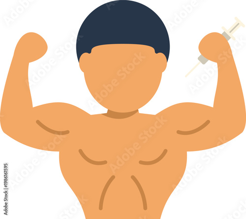 Muscular man flexing biceps holding a syringe representing performance enhancing drugs