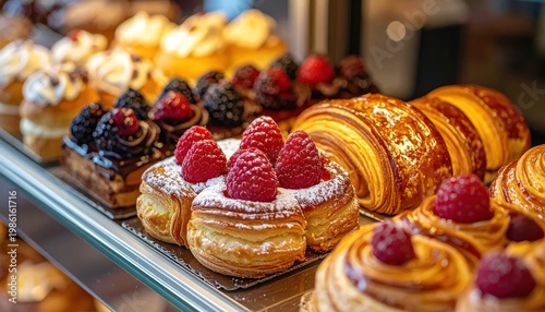 Assortment of Delicious Pastries and Croissants on Display.