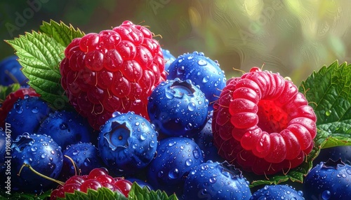 Fresh Raspberries and Blueberries with Leaves.
