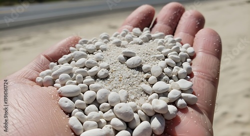 Human hand holding small white stones and sand on beach.