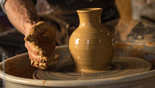 Potter shaping clay on pottery wheel.