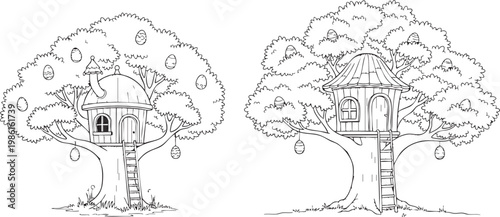 treehouse, tree house, kids playhouse, treehouses, illustration A line drawing illustration of two treehouses with ladders and big trees, suitable for kids, education, or home decor.