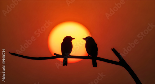 Silhouette of Two Birds at Sunset on a Branch illustration