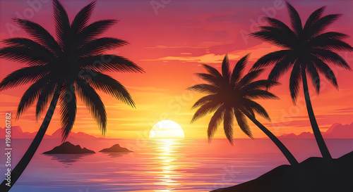 Tropical Sunset with Palm Trees Over Water illustration