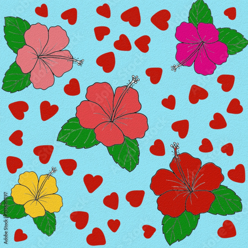 Hibiscus Flowers and Red Hearts Pattern on Blue Texture