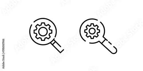 technical support and configuration symbols pack, magnifying glass with cogwheel representing system settings and troubleshooting, search and repair tools concept, clean outline and filled vector icon