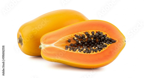 Whole and sliced ripe papaya fruits with vibrant orange flesh and dark round seeds isolated on a clean white background