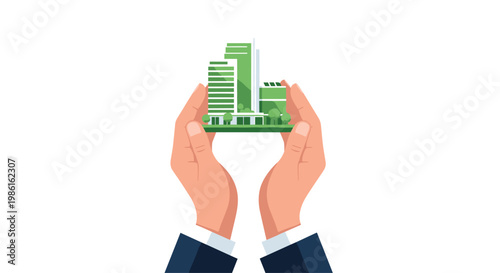 Two hands wearing dark suit sleeves gently support a miniature green model of an eco-friendly modern building against a bright white background setting.