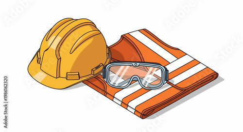Construction Safety Gear - Hard Hat, Safety Vest, and Goggles Illustration.