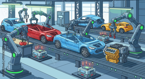 Robotic arms assembling cars on conveyor.