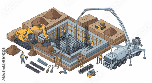 Construction Site Isometric View - Foundation, Excavation, and Equipment.