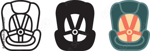 Child car seat safety 3 icons set with outline, solid, and flat color designs for baby travel