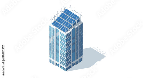 A modern isometric skyscraper features a rooftop array of blue solar panels and multiple white wind turbines to generate clean renewable energy daily.