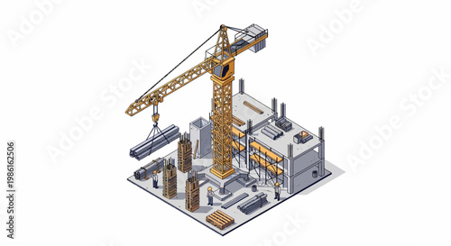 Isometric Construction Site Illustration with Crane and Building Elements.