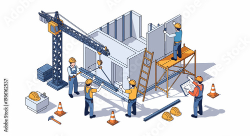 Isometric Construction Site with Workers and Crane Illustration.