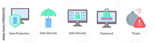 Security layer icon set with data protection,password,and threat elements.Ideal for cybersecurity and digital protection designs.