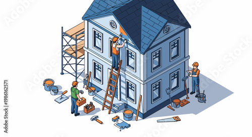 Isometric House Construction Illustration with Workers and Scaffolding.