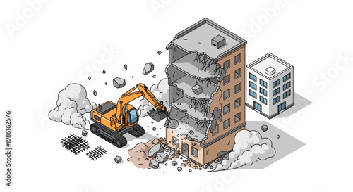 Isometric illustration of an excavator demolishing a building, construction concept.