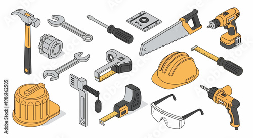 Isometric Construction Tools Set - Hammer, Wrenches, Screwdrivers, and Safety Gear.