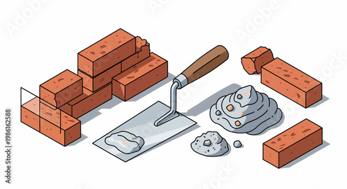 Isometric Illustration of Bricks, Trowel, and Mortar for Construction.
