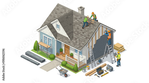 Isometric House Renovation Illustration - Workers Repairing Roof and Siding.