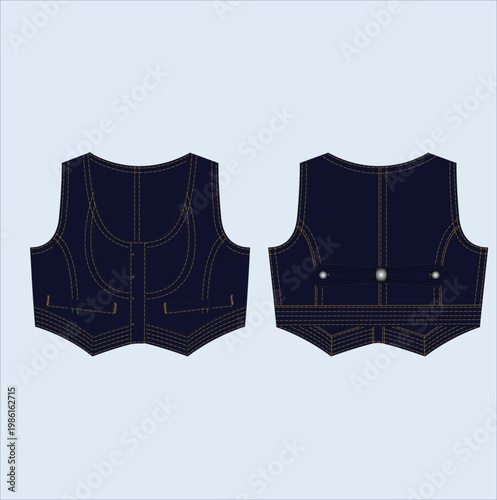 Women’s Denim Vest Front and Back Flat Sketch with Stitch Details
