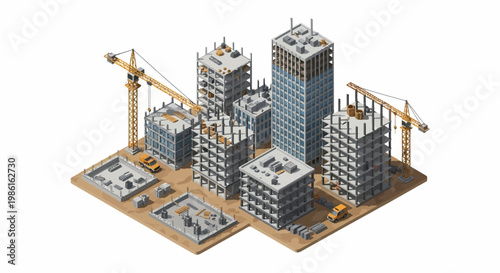 Isometric View of a Construction Site with Cranes and Buildings.