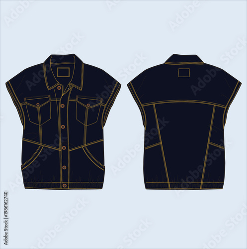 Men’s Sleeveless Denim Utility Shirt Front and Back Flat Sketch