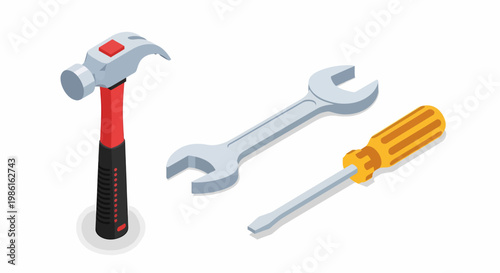 Isometric View of Hammer, Wrench, and Screwdriver Tools.