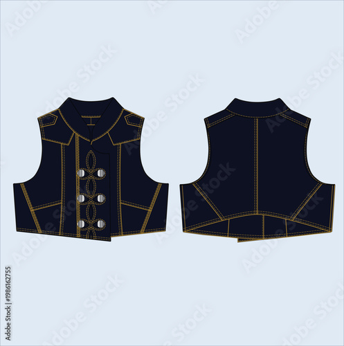 Women’s Denim Vest Front and Back Flat Sketch with Stitch Details