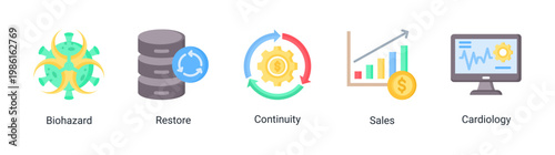 Recovery action icon set featuring restoration,continuity,and emergency response concepts.Suitable for disaster recovery and safety visuals.