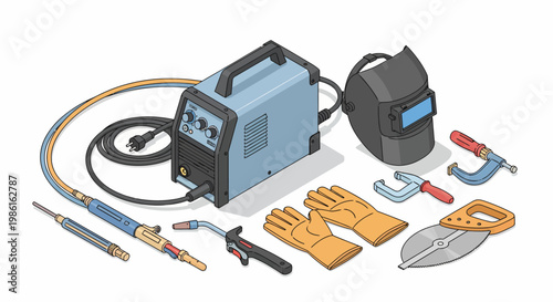 Isometric Welding Equipment Set - Machine, Mask, Gloves, and Tools.