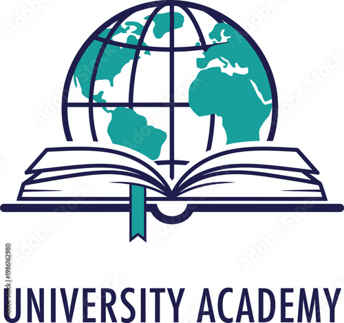 University academy logo with globe and open book for global education